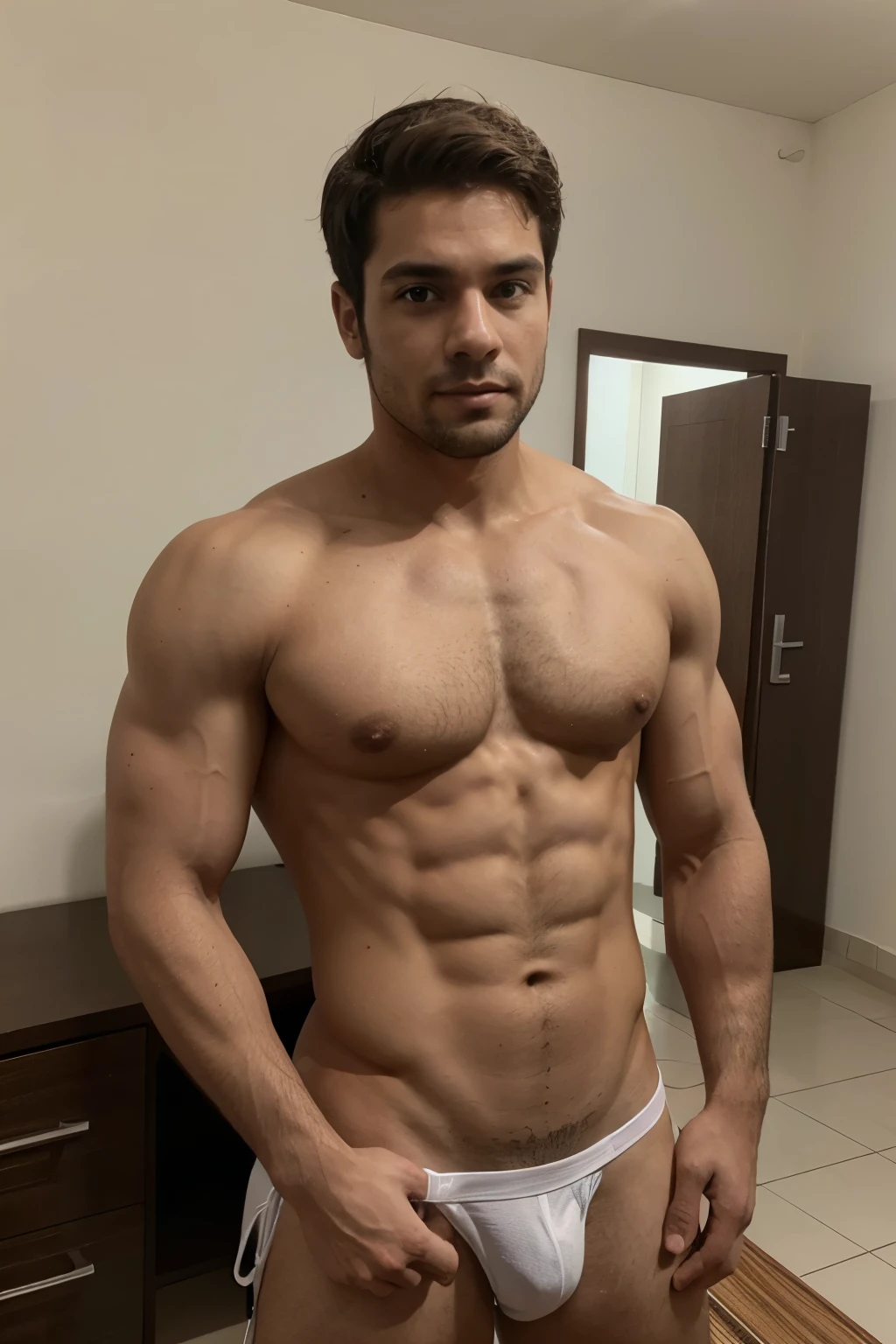 Crie um homem sem camisa magro meio forte com o pau marcando