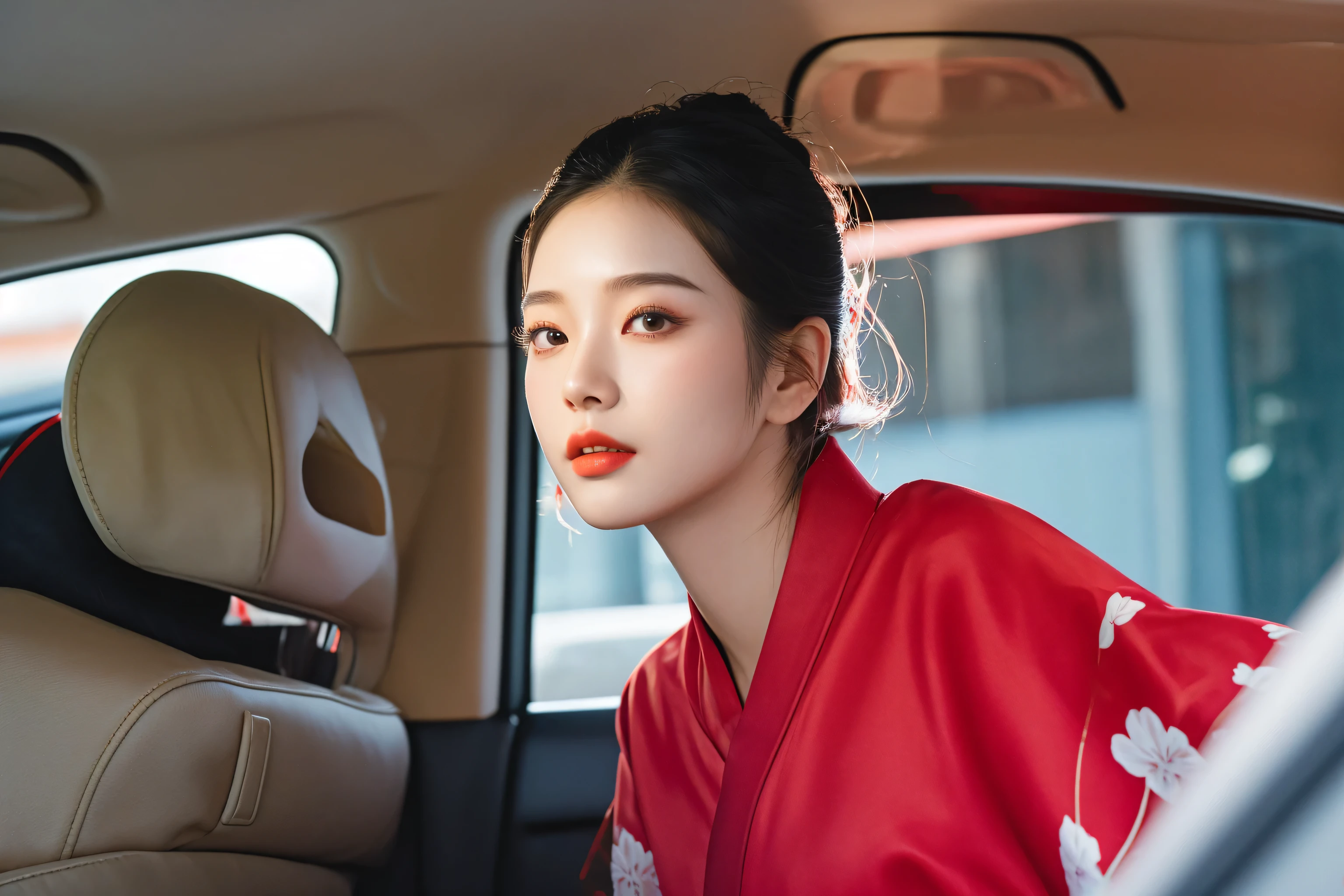 woman in red kimono sitting in car looking out the window, wearing a red cheongsam, sha xi, chinese girl, chinese woman, beautiful south korean woman, iu lee ji-eun as a super villain, a young asian woman, gongbi, with acient chinese clothes, jia, gorgeous chinese model, daoshi, in kimono, an asian woman