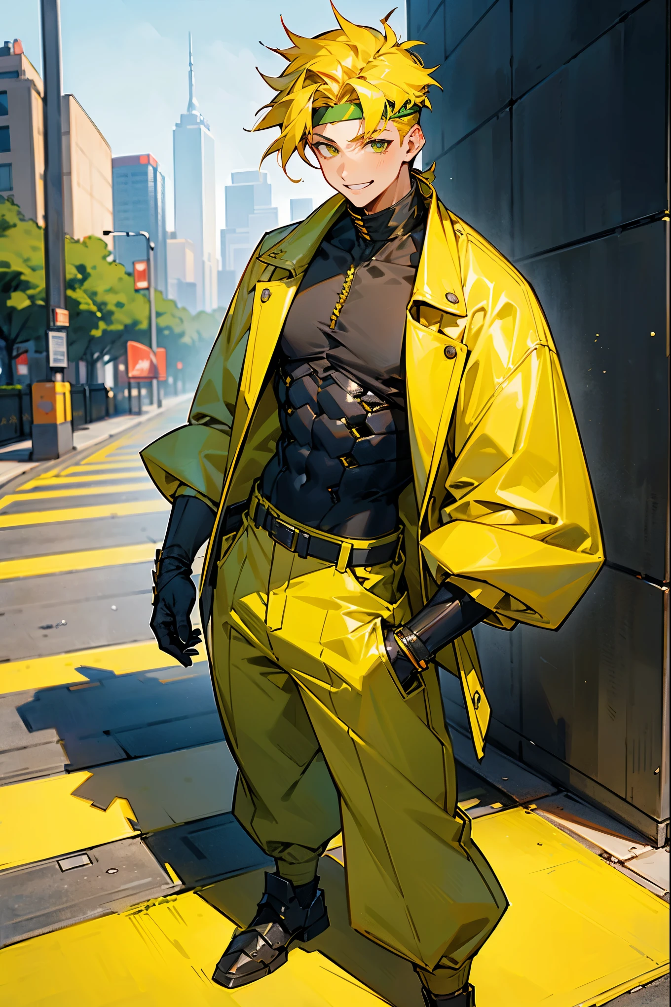1male , Modern City Background , Yellow Hair , Low cut hair , Curly Hair , Undercut Hair , Smiling Expression , Baggy Yellow Jacket , Black Fitted Undershirt, Green Belt, Baggy Yellow Pants,standing on the sidewalk of a modern city , Perfect Generation , Masterpiece Quality , Green Headband , Armored Clothing