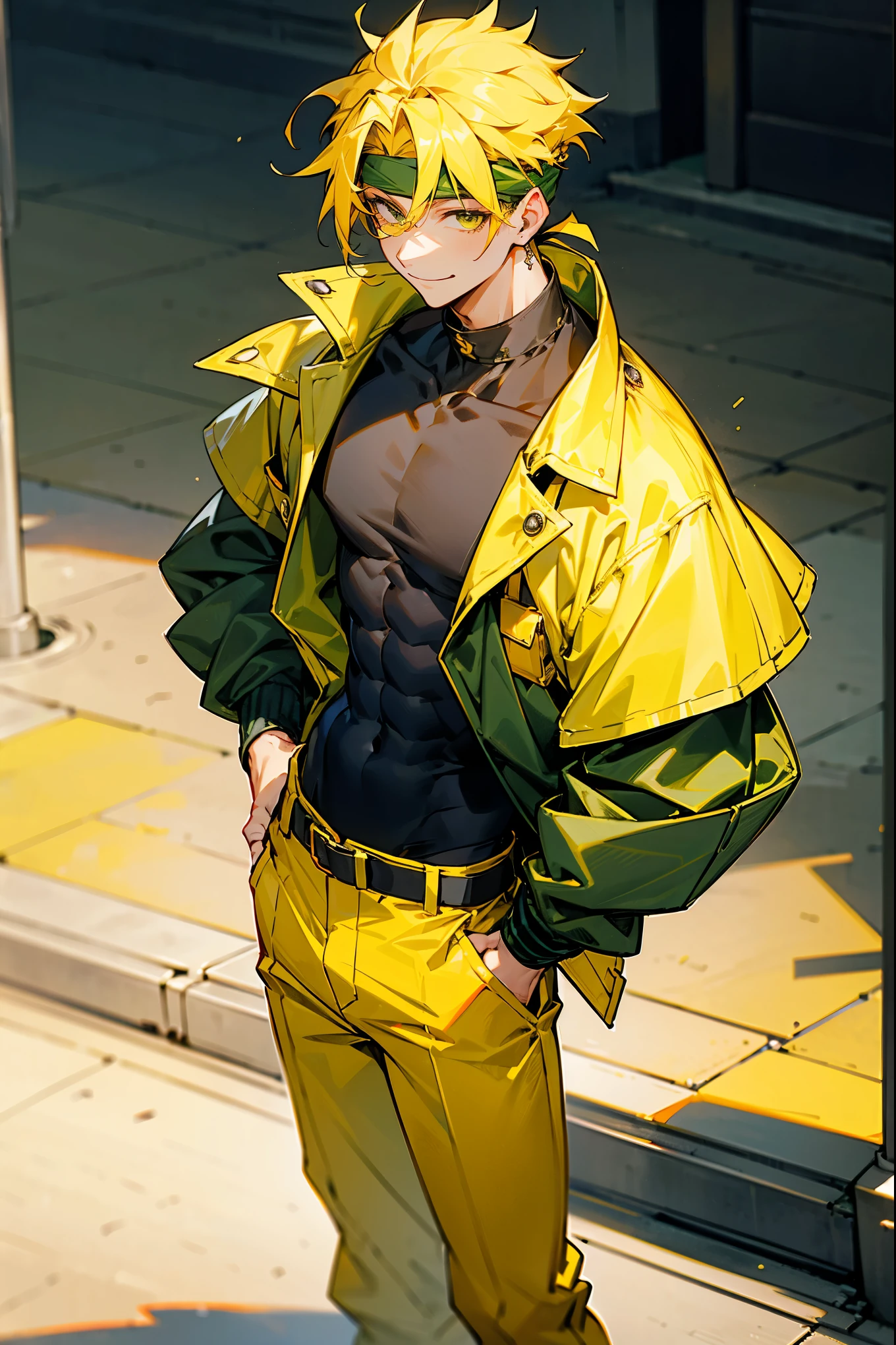 1male , Modern City Background , Yellow Hair , Low cut hair , Curly Hair , Undercut Hair , Smiling Expression , Baggy Yellow Jacket , Black Fitted Undershirt, Green Belt, Baggy Yellow Pants,standing on the sidewalk of a modern city , Perfect Generation , Masterpiece Quality , Green Headband , Armored Clothing