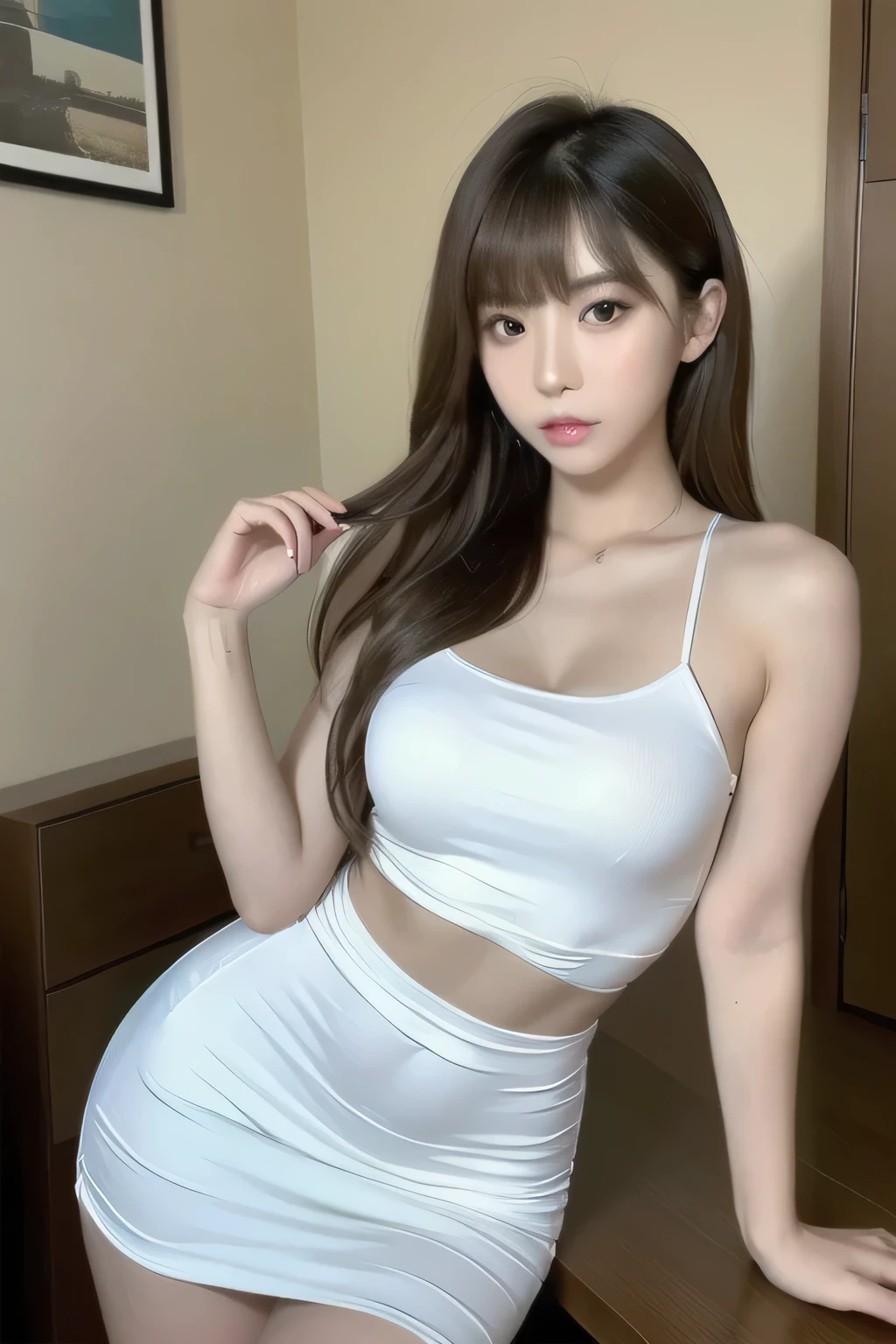 (Best Quality, 8K, masutepiece, Ultra HD: 1.3), 1girl in, smallunderboob, light brown hair, Blunt bangs, hair behind ear, hair over shoulder, Long hair,  slender body shape, Ultra Fine Face, Delicate lips, Beautiful eyes, Double eyelids, lipsticks,A gaze that invites you, Ultra-thin hands, Ultra-fine fingers, Tight Dress, beauty legs ,hotel.lounging、KPOP Idol Face，The viewer is the viewer's gaze、Gravure Model Pose