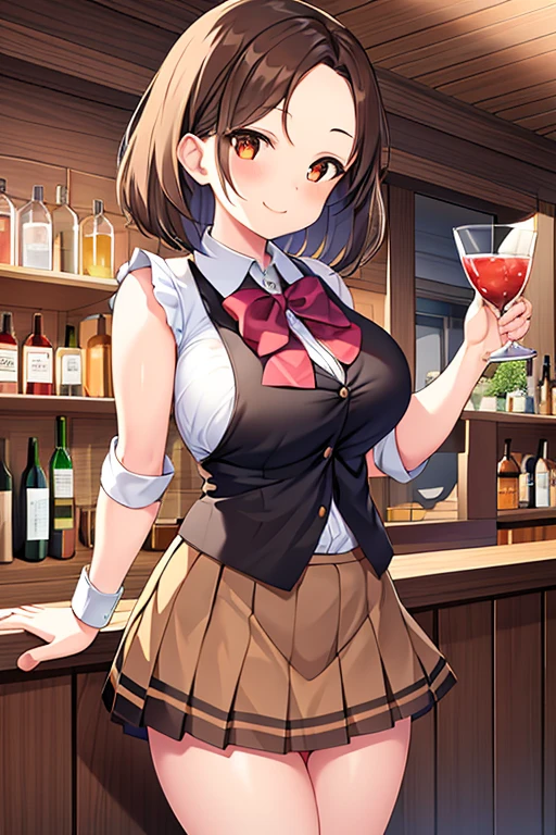 1girl, forehead, large breasts, skirt, brown skirt, bar, brown hair, short hair, smile, standing, mature female, layered skirt, sleeveless, long shirt, bowtie, bow, glass of water, cup, bare shoulders,