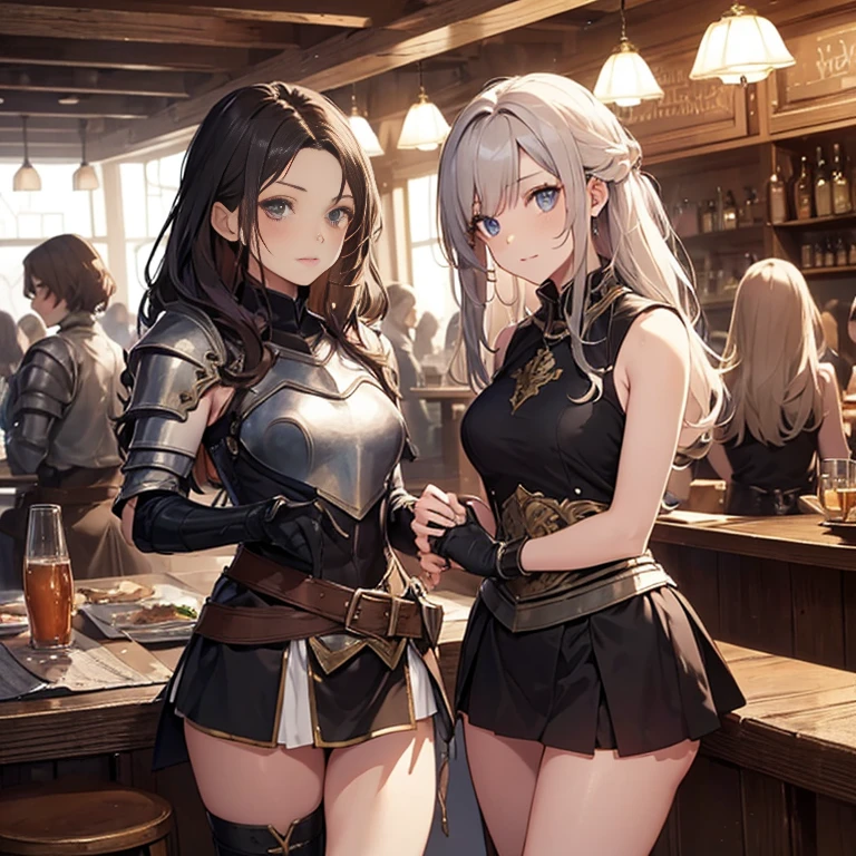 A group of female medieval fantasy adventurers, (in tavern), various hair styles, harem, night, details face, short skirt, seducing, sleeveless, armor
