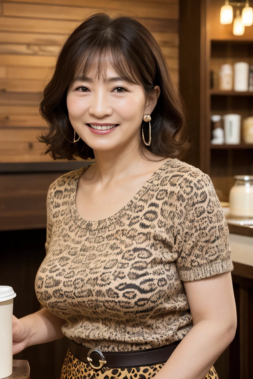 Osaka's aunt、Organic Photography、highest quality、masterpiece、Ultra-high resolution、Beautiful Japanese old lady、70 years old、Looking at the audience、Elegant face、Toothy smile、Big Breasts、Wearing a short-sleeved knit with an animal print、Medium long wavy hair、mini skirt、Earrings、A corner of a coffee shop, Background Blur