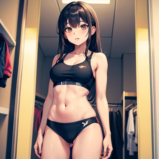 An ordinary high school girl trying on a yellow tankini in a fitting room at a store。A lively and energetic girl、That body type is also the same.。Her body is muscular、Especially the thighs and calves are firm.、You can see at a glance that he has been trained through sports.。Her skin is a little tanned、This shows that they spend a lot of time outdoors.。