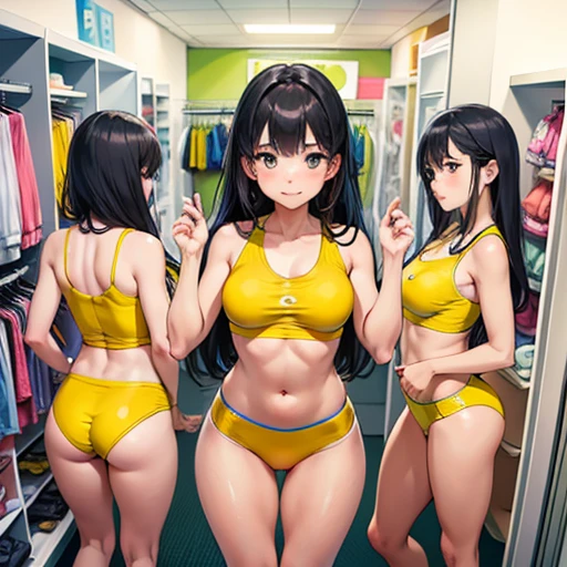 An ordinary high school girl trying on a yellow tankini in a fitting room at a store。A lively and energetic girl、That body type is also the same.。Her body is muscular、Especially the thighs and calves are firm.、You can see at a glance that he has been trained through sports.。Her skin is a little tanned、This shows that they spend a lot of time outdoors.。