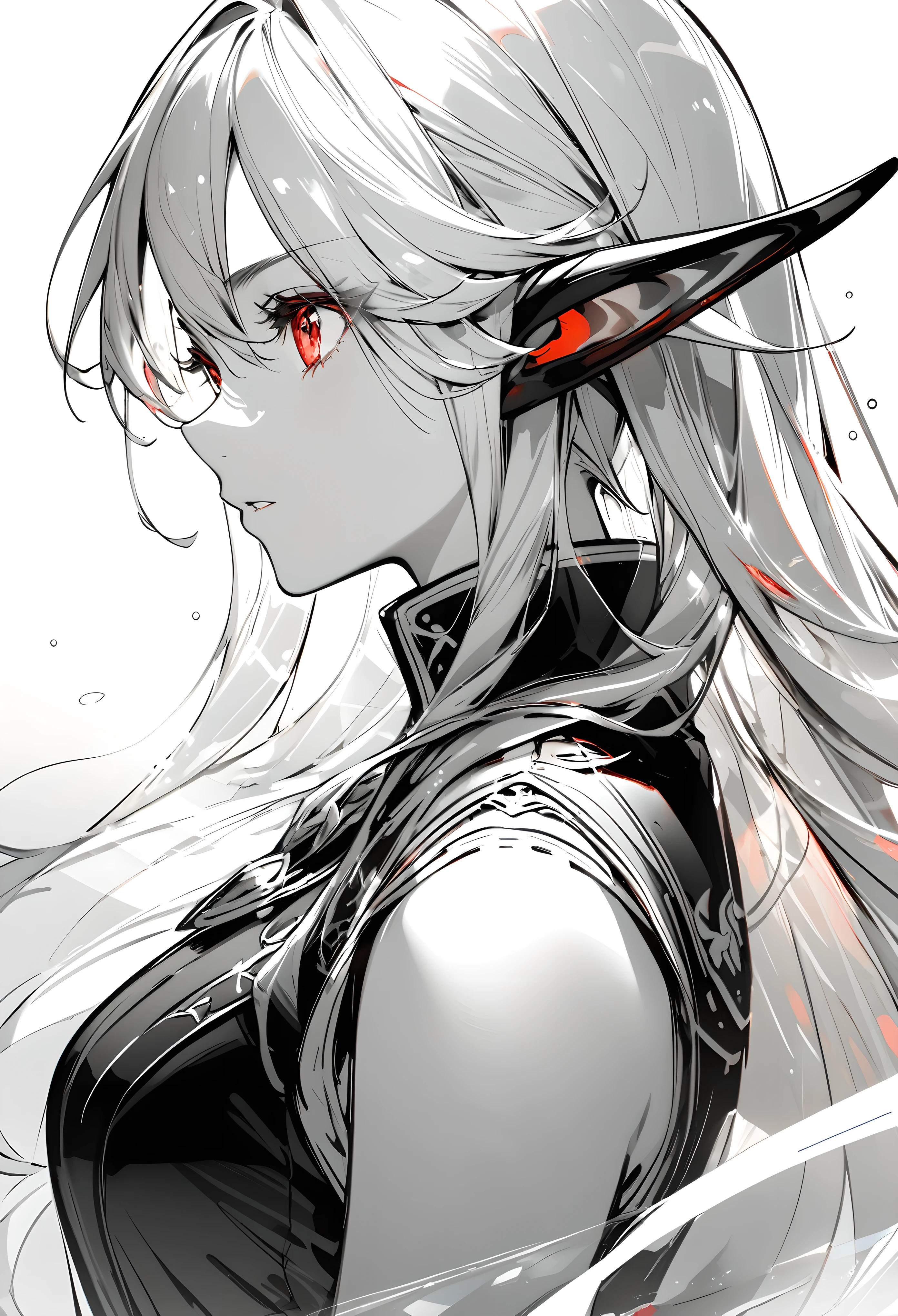 Sketch, sketch, Monochrome, High Contrast, (Elf), distinctive ears, BREAK Captivating Red Eyes, Strong and fleeting, (Aesthetic and transparent:1.5), (Glossy feel:1.5), (transparency:2.0), (Add layers of transparency:2.0), (Only the eyes: full color rendering, Only the eyes),