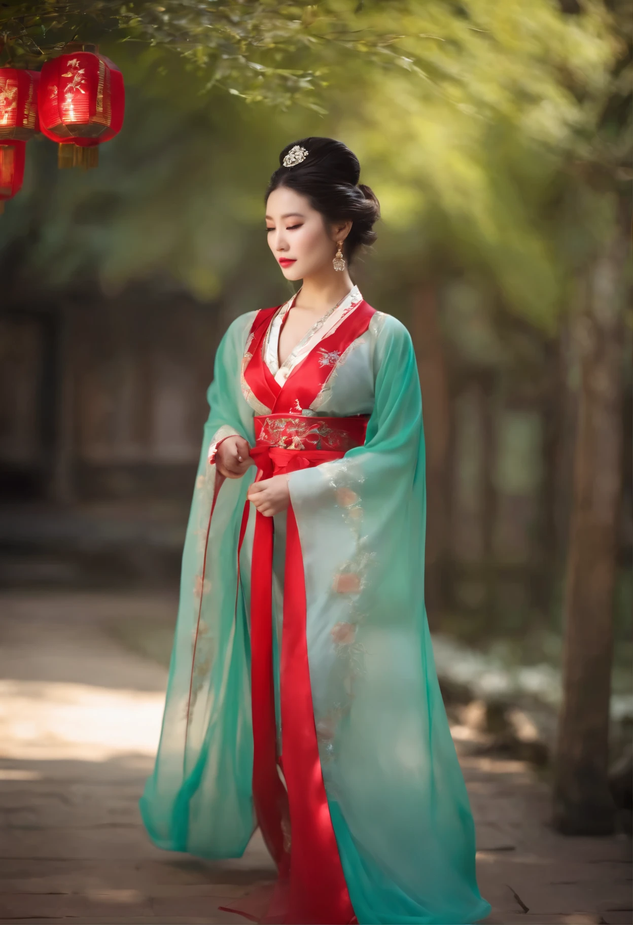 pretty Woman，Huge Breasts，nipple，Transparent Hanfu，