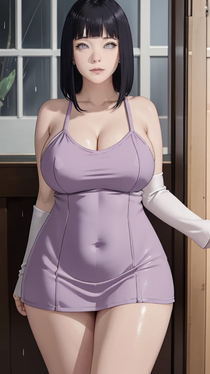 Chubby, Curve, thick, Made, absurderes, Hinata\(Boruto\), 1girll, Solo,Mature female, view the viewer,Perfectcomposition, Detailed lips, big breast, Beautiful face, body chubby, Blush, (white lips), Long hair, Purple eyes, Soft gaze, angry smile, Super realistic, Detailed, photoshoot, Realistick faces and bodies,(perspire,Sweat a lot,Blushlush,Be red in the face,Blushlush),(Bigboobs),japanese house,Stand at the door,natta,raining day, ((short dress)), ((cleavage)), sideboob, dark hair, sleeveless, thighs, full body