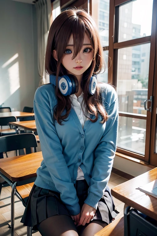 mikunakano, miku nakano, long hair, bangs, blue eyes, brown hair, shirt, hair between eyes, headphones, cardigan, headphones around neck,
BREAK skirt, shirt, long sleeves, white shirt, pantyhose, pleated skirt, black pantyhose, cardigan, green skirt, blue cardigan,
BREAK indoors, classroom,
BREAK looking at viewer, BREAK (masterpiece:1.2), best quality, high resolution, unity 8k wallpaper, (illustration:0.8), (beautiful detailed eyes:1.6), extremely detailed face, perfect lighting, extremely detailed CG, (perfect hands, perfect anatomy),