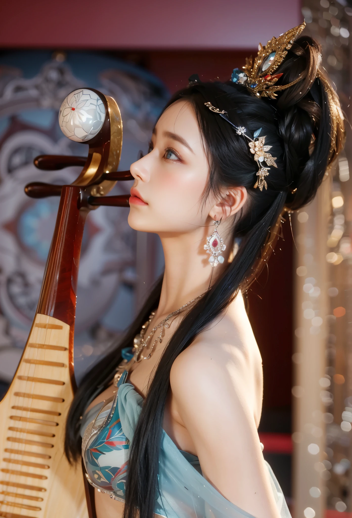 Game Art,Best image quality,Maximum resolution,8k,(A half-length photo),(portrait),(Head close-up),(Rule of Thirds),Unreal Engine 5 rendering works,20 year old girl,((Queen)),The eyes are very detailed,(Large Breasts),Elegant and noble,Light,Light线追踪,Game CG,((3D Unreal Engine)),OC rendering reflection mode,4K,Ultra-clear,Sensual,Translucent lace,Fair and plump figure,Pretty Face,Light泽凝胶涂层,身着华贵礼服的Queen,Crystal Gem Crown,Necklace jewelry,blue eyes,The tattoo is very three-dimensional,Gorgeous and intricate tattoo designs,Ultra-clear portrait,Sexy body,Temple Princess,Sapphire eyes,Gorgeous clothes,Holding a Pipa