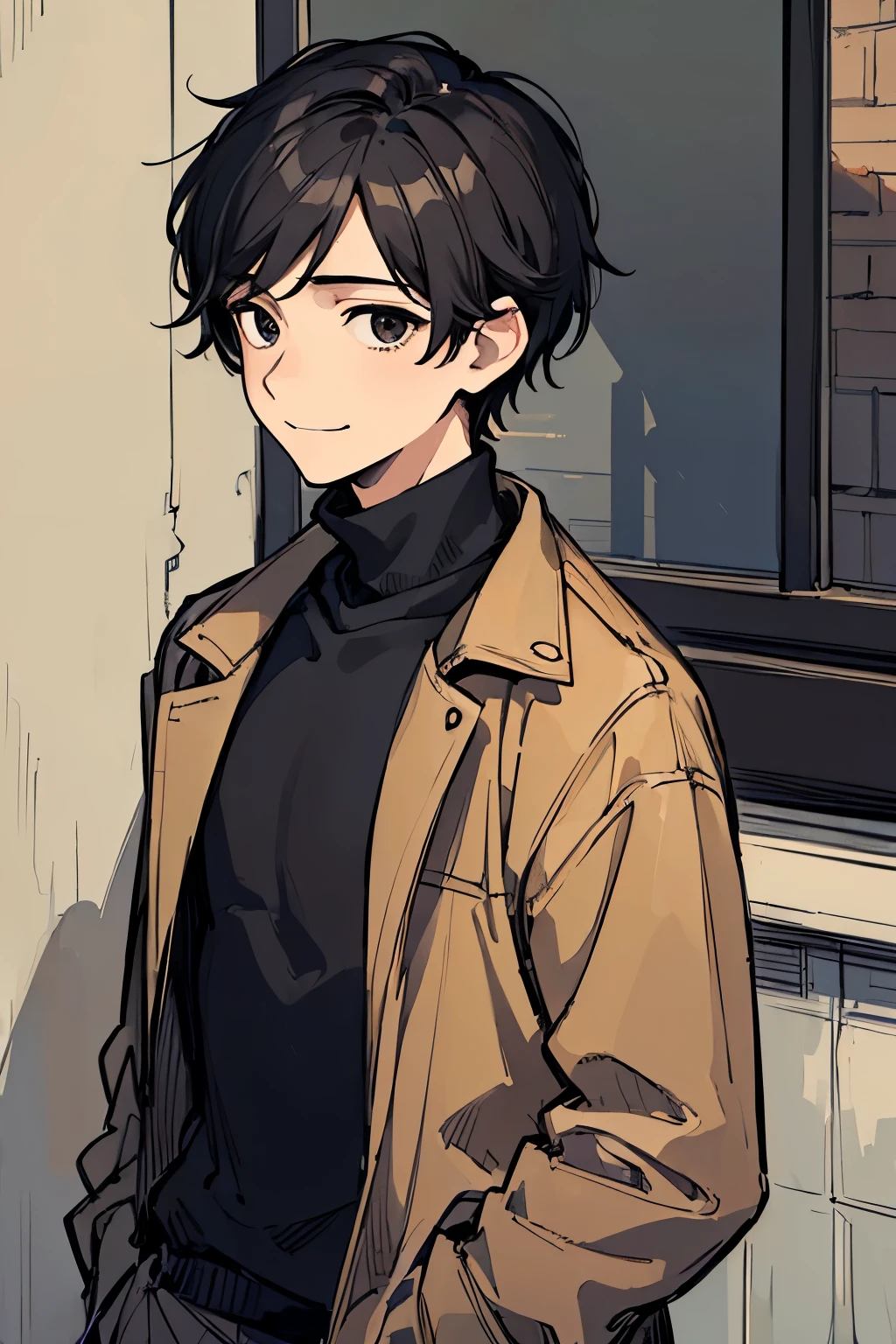 (((masterpiece))), ((best quality)), 1boy, male, young boy, ((looking away from camera)), (looking up to the bottow), brown utility jacket, black turtleneck, black hair, black eyes, hopeful eyes, shy smile, in the streets