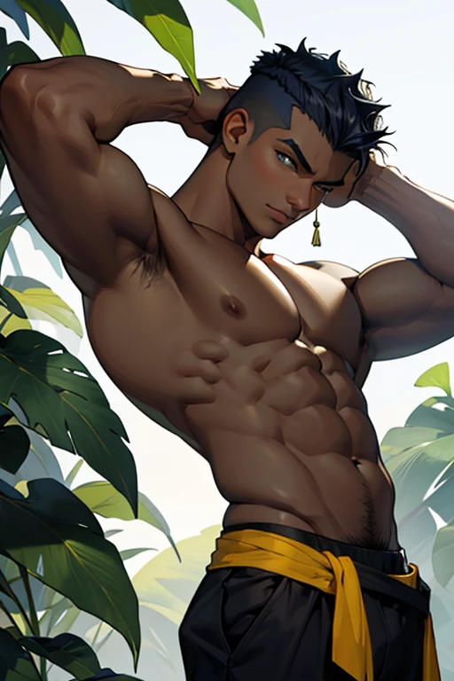 negro, 20 anos, short hair on the sides of the head, heroi, roupa azul, amarelo, verde, estatura magra,