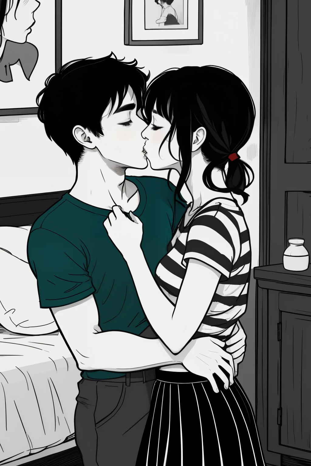 Amazing portrait of a sexy and  woman  wearing a black and white striped t shirt and a dark green skirt kissing and making out passionately with a shirtless boy on the bed in an intimate setting