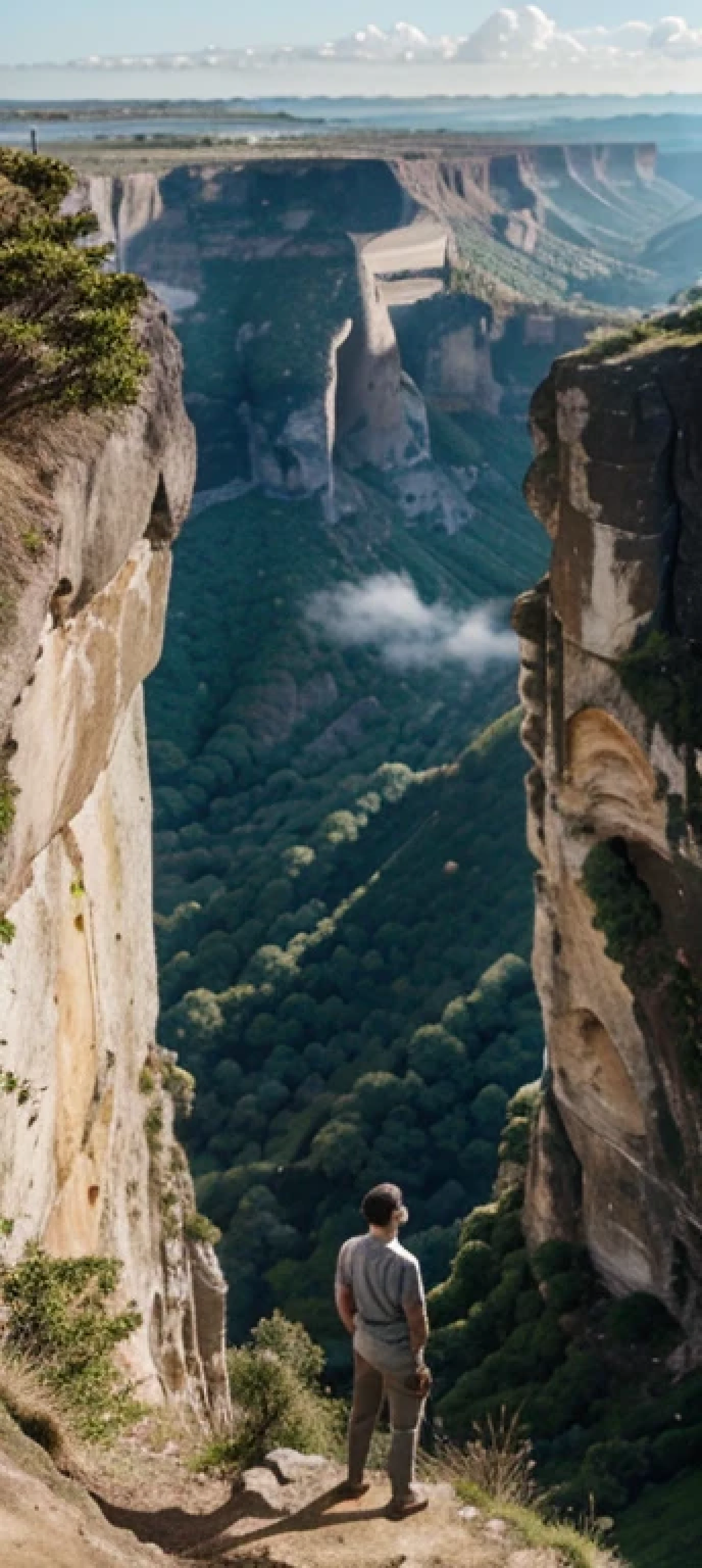 man standing on a cliff, with a valley view in the background