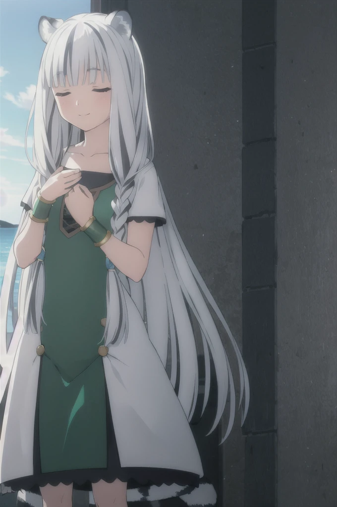 ((masterpiece)), (best quality), (ultra-detailed), photorealistic, (best illustration), ((an extremely delicate and beautiful)), 1girl, solo, long hair, tiger ears, [:tiger tail under:0.2], white hair, two-tone hair, feet out of frame, white dress, (green dress:1), multicolored dress, cross-laced, standing, closed eyes, smile, black skirt, short sleeves, detailed scenery, blue sky, horizon, low twin braids, twin braids, hair ornament, bracelet, (hand on own chest:0.9), blush
