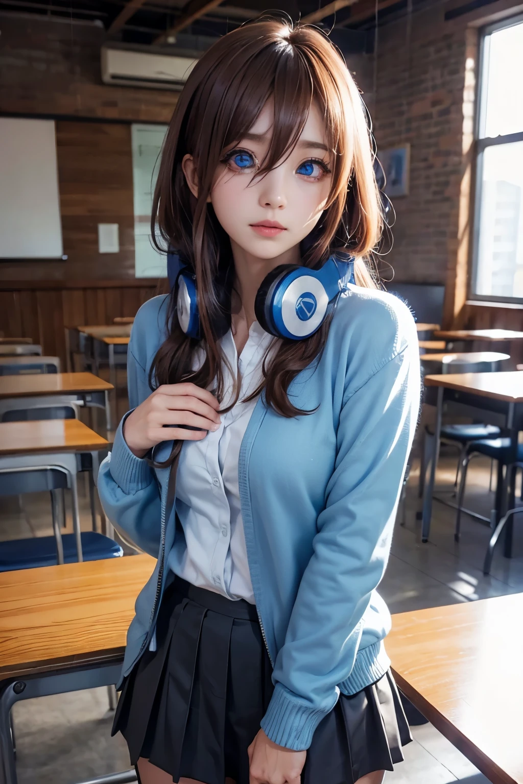 mikunakano, miku nakano, long hair, bangs, blue eyes, brown hair, shirt, hair between eyes, headphones, cardigan, headphones around neck,
BREAK skirt, shirt, long sleeves, white shirt, pantyhose, pleated skirt, black pantyhose, cardigan, green skirt, blue cardigan,
BREAK indoors, classroom,
BREAK looking at viewer, BREAK (masterpiece:1.2), best quality, high resolution, unity 8k wallpaper, (illustration:0.8), (beautiful detailed eyes:1.6), extremely detailed face, perfect lighting, extremely detailed CG, (perfect hands, perfect anatomy),
