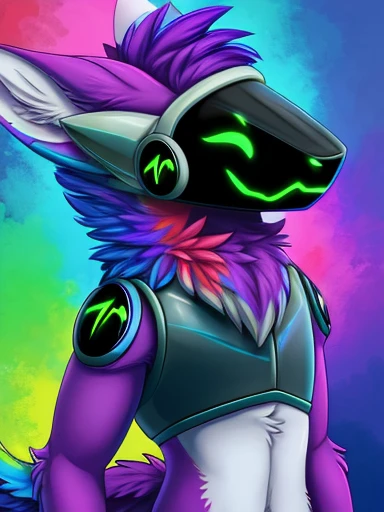 Protogen, rainbow colors all over and rainbow color eyes, looking at viewer,a little to the side, , fur, dark visor,solo, cartoon, (highly detailed illustration:1.2), best quality, masterpiece, solo, protogen, (protogen face:1.1), (protogen visor:1.1), tail, torso, , standing,