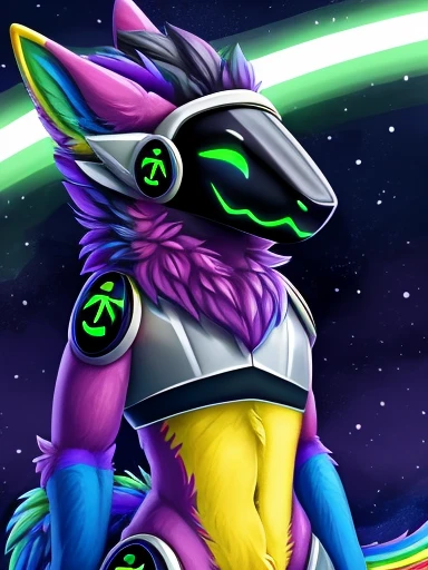 Protogen, rainbow colors all over and rainbow color eyes, looking at viewer,a little to the side, , fur, dark visor,solo, cartoon, (highly detailed illustration:1.2), best quality, masterpiece, solo, protogen, (protogen face:1.1), (protogen visor:1.1), tail, torso, , standing, 