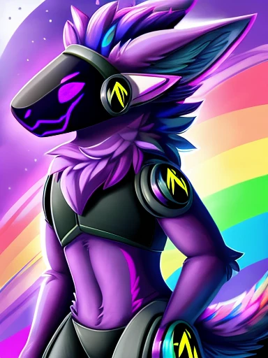 Protogen, rainbow colors all over and rainbow color eyes, looking at viewer,a little to the side, , fur, dark visor,solo, cartoon, (highly detailed illustration:1.2), best quality, masterpiece, solo, protogen, (protogen face:1.1), (protogen visor:1.1), tail, torso, , standing,