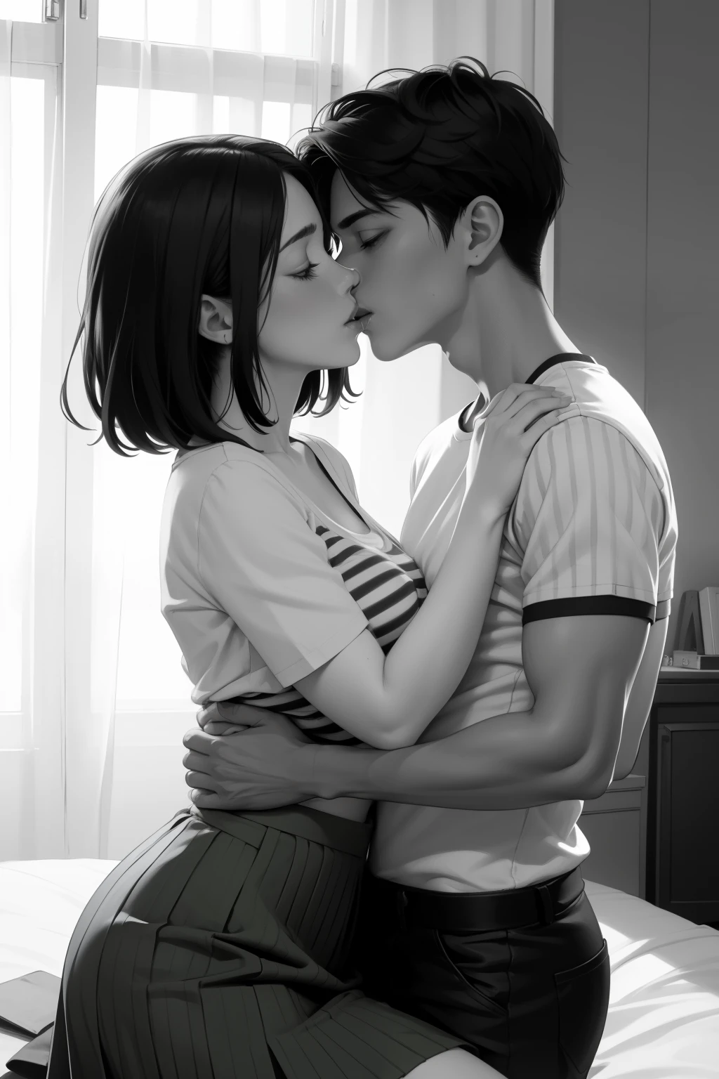 Amazing portrait of a sexy and  woman  wearing a black and white striped t shirt and a dark green skirt kissing and making out passionately with a shirtless boy on the bed in an intimate setting