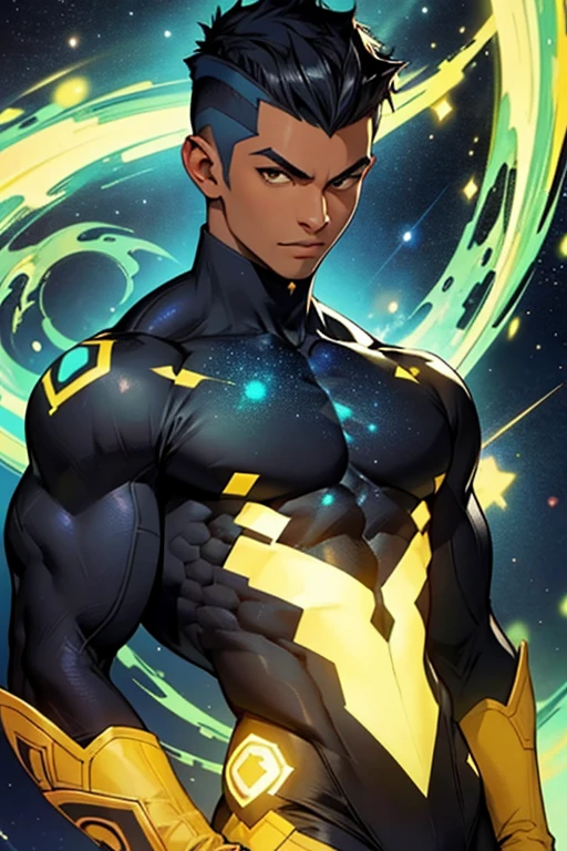 negro, 20 anos, short hair on the sides of the head, heroi, roupa azul, amarelo, verde, estatura magra, casting power with cosmic symbols