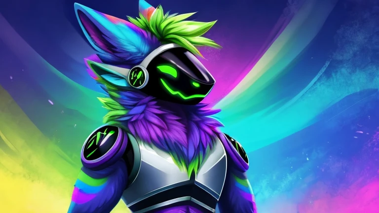 Protogen, rainbow colors all over and rainbow color eyes, looking at viewer,a little to the side, , fur, dark visor,solo, cartoon, (highly detailed illustration:1.2), best quality, masterpiece, solo, protogen, (protogen face:1.1), (protogen visor:1.1), tail, torso, , standing, social media background cover art profile picture looking really cool background picture to put as a cover artwork