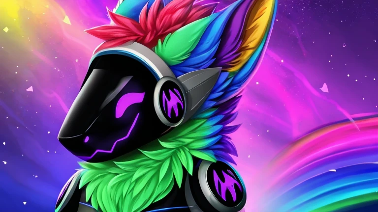 Protogen, rainbow colors all over and rainbow color eyes, looking at viewer,a little to the side, , fur, dark visor,solo, cartoon, (highly detailed illustration:1.2), best quality, masterpiece, solo, protogen, (protogen face:1.1), (protogen visor:1.1), tail, torso, , standing, social media background cover art profile picture looking really cool background picture to put as a cover artwork