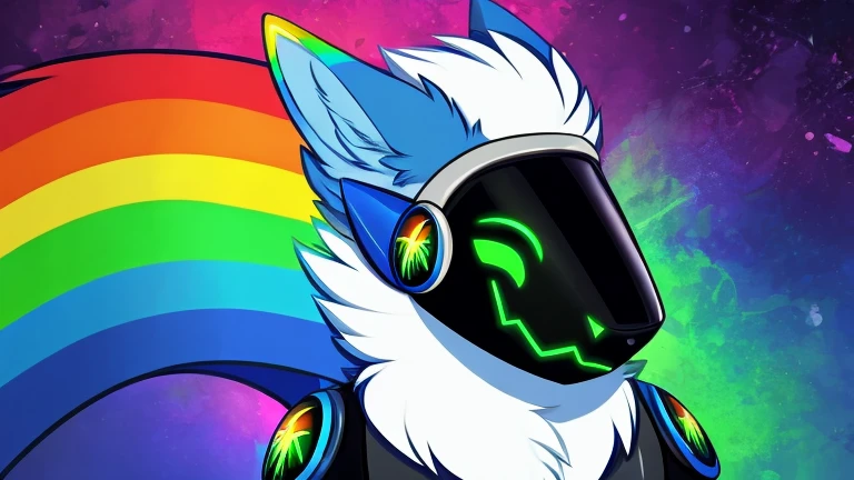 Protogen, rainbow colors all over and rainbow color eyes, looking at viewer,a little to the side, , fur, dark visor,solo, cartoon, (highly detailed illustration:1.2), best quality, masterpiece, solo, protogen, (protogen face:1.1), (protogen visor:1.1), tail, torso, , standing, social media background cover art profile picture looking really cool background picture to put as a cover artwork