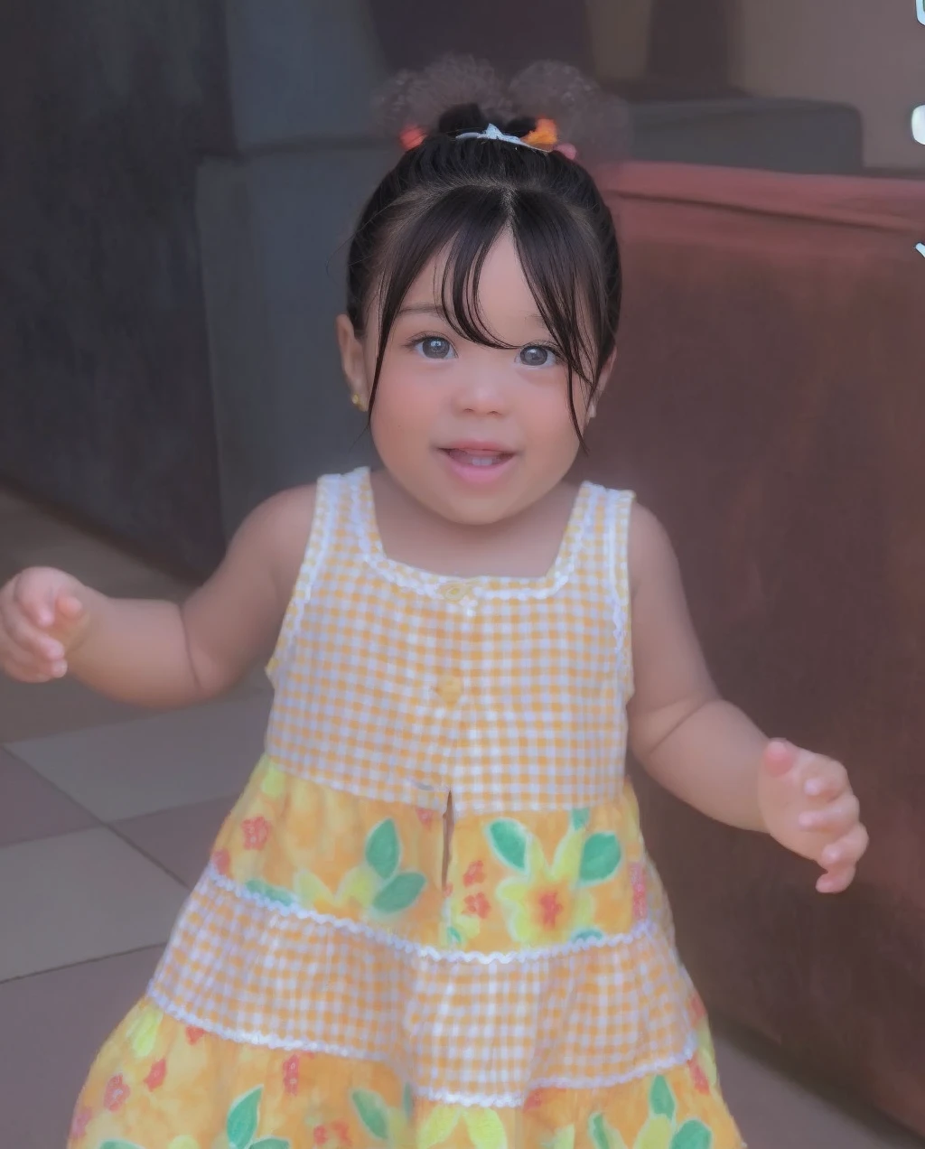 baby girl pretty straight brown hair in diapers with kawaii clothes crouching in the dirt in a garden smiling