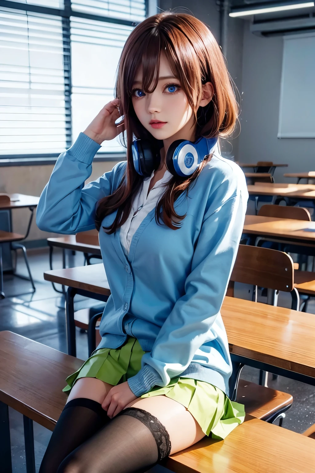 mikunakano, miku nakano, long hair, bangs, blue eyes, brown hair, shirt, hair between eyes, headphones, cardigan, headphones around neck,
BREAK skirt, shirt, long sleeves, white shirt, pantyhose, pleated skirt, black pantyhose, cardigan, green skirt, blue cardigan,
BREAK indoors, classroom,
BREAK looking at viewer, BREAK (masterpiece:1.2), best quality, high resolution, unity 8k wallpaper, (illustration:0.8), (beautiful detailed eyes:1.6), extremely detailed face, perfect lighting, extremely detailed CG, (perfect hands, perfect anatomy),