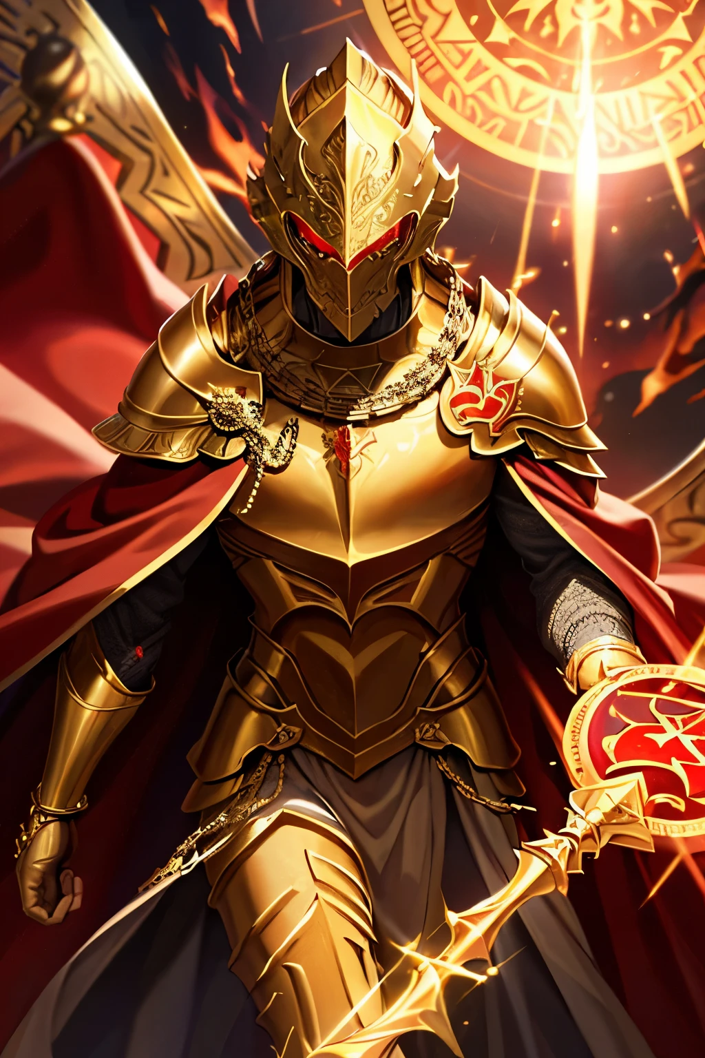 Golden knight's helmet closed, Babylon, golden fully closed knight's armor with a red cloak, red eyes, the right hand is covered with a magical seal, red in color, glows when acitated, and releases many divine golden chains with ancient runes belonging to Gilgamesh