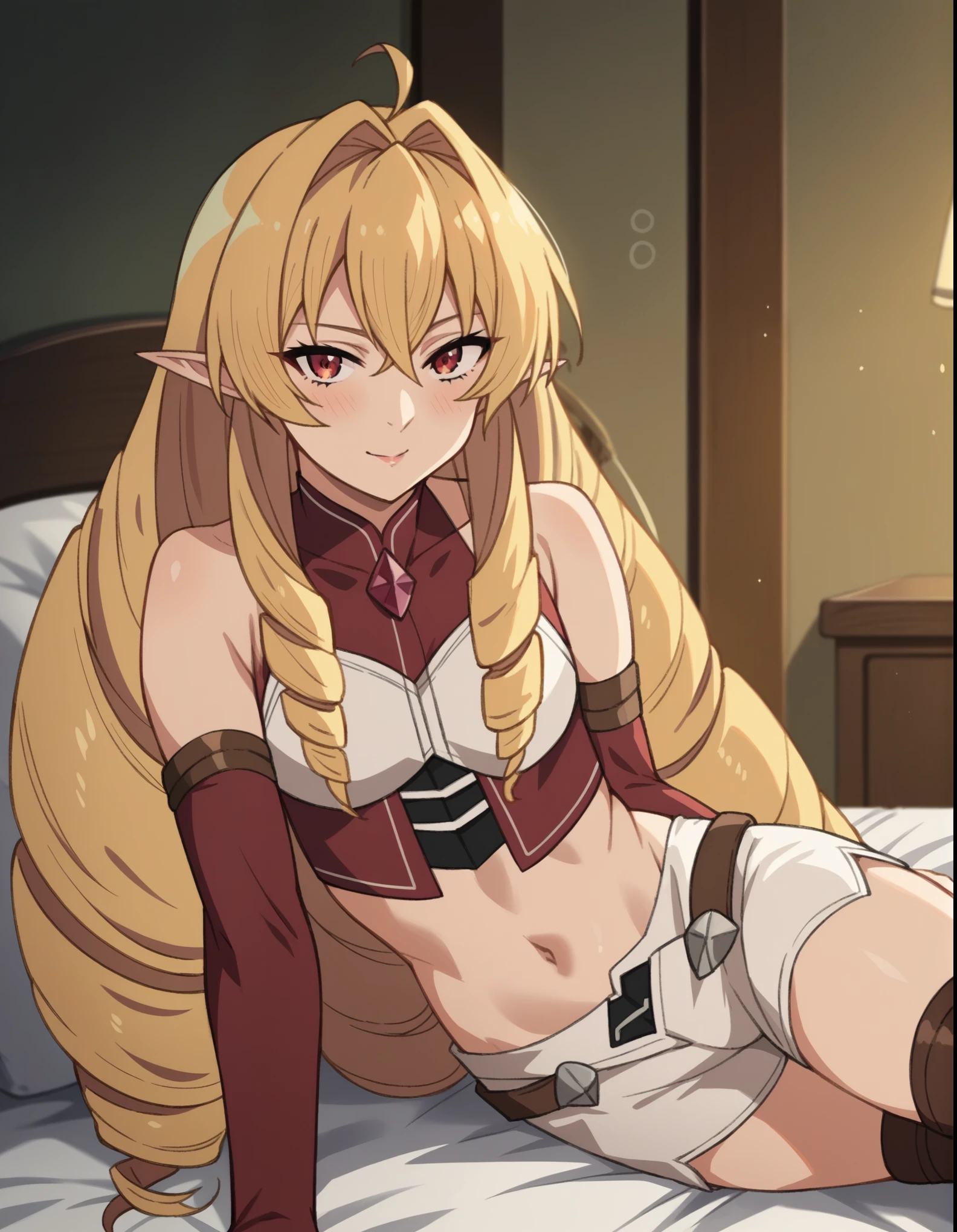 anime art style, 2d, masterpiece, best quality, very aesthetic, absurdres, dynamic shadows, atmosferic, elinalisedragonroad, (1girl), blonde hair, long hair, drill hair, (red eyes), narrowed eyes, detailed eyes, pointy ears, ahoge, hair between eyes, bangs, big breasts, cleavage, makeup, ((curvy body)), sweat, sexy, cleavage, reverse bikini armor, (bare arms), ahegao, tongue, ((feet out frame)), (hands on own breasts), sitting, (spread legs), (legs up), (bottom down), from below, (night), (sky), (clouds), (forest), looking at viewer