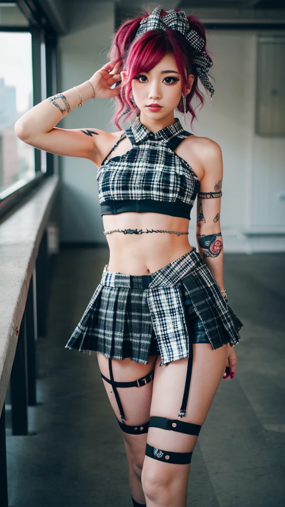 1girl, 23 years old, Punk outfit, wild hair, tattoos, plaid miniskirt, crop top, wearing_urbangal