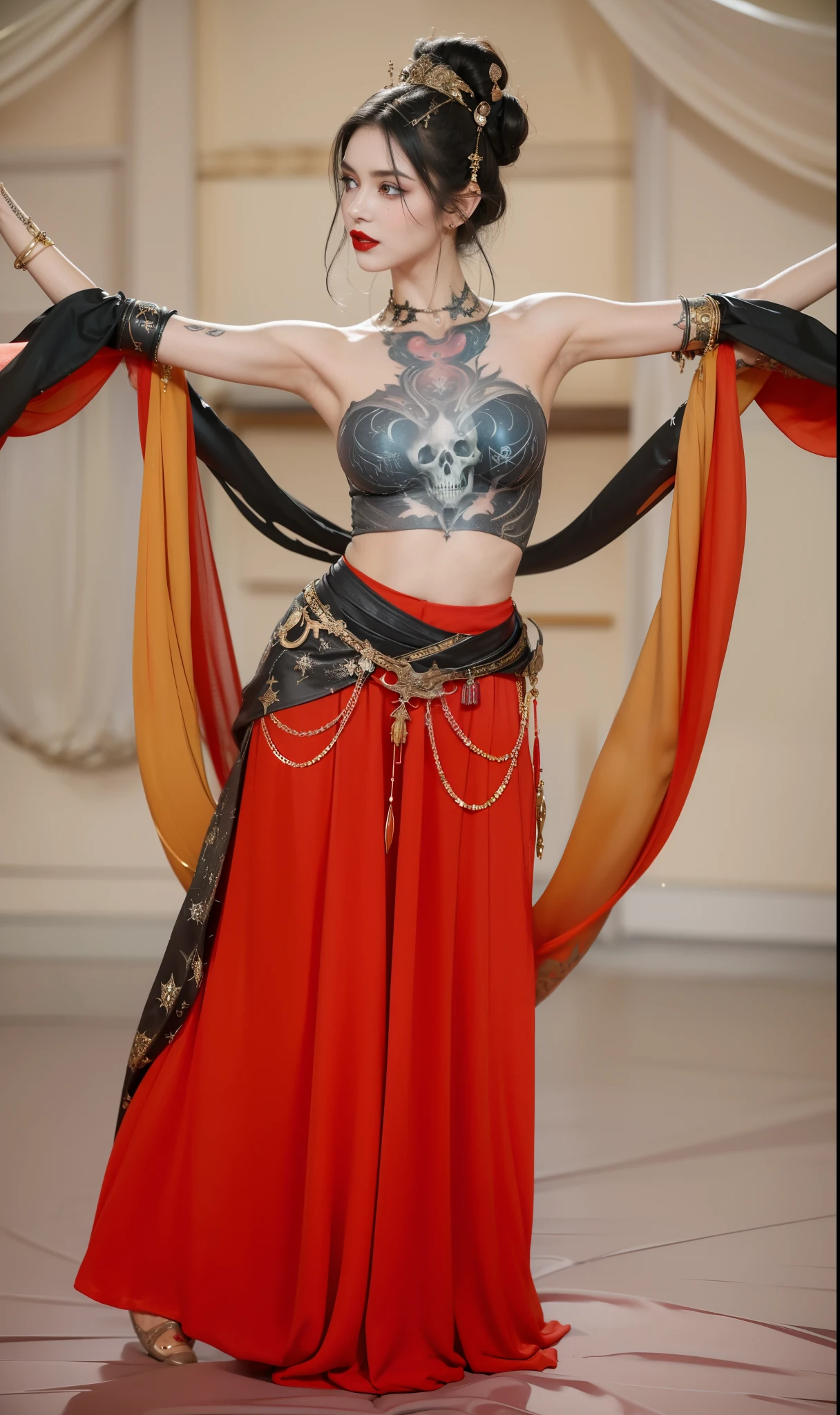 Detailed image quality，Witch Pandora，wing, Succubus Theme，堕落Angel，Excellent，scary，Secret Terror，Tentacles，With eyes，Uncanny Valley Effect，Beast Blood Moon，skeleton，vampire，Hellfire，Dark Queen，Angel，magician magic witch，16岁Angel，Eyes are blue(Pupils as deep as the starry sky)，Gorgeous tattoo designs all over the body，Surreal photos(8K picture quality，Rich in details)，Dark eyeshadow，Sexy thick lips(Red lipstick)，Tattoo designs on body，Dark Queen，Cleopatra，Wearing luxurious gold jewelry，Dancing in a long skirt
