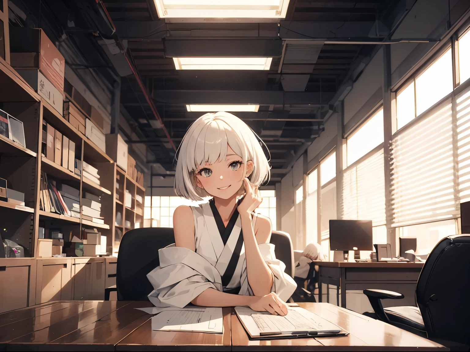 master piece, City Pop style, white Hair, Japanese, fluffy bob cut, shoulder length, alone, Futuristic, yet, lofi, retro, vintage, light smile, sitting at a desk