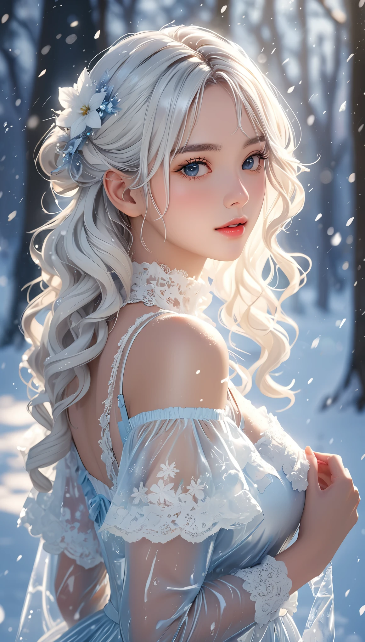 (((masterpiece))),best quality,illustration,4k wallpaper,movie lighting,absurd,1 girl,(snow,ice),snow flower,in winter,white hair,shiny hair,curls,transparent clothes,frills,lace,wet clothes,leave_Shoulder,hair tie,masterpiece,telephoto lens,absurd,Exquisite face,features,natural light,soft light,(Seven-part combination),epic,Dreamy and magical,mystery,