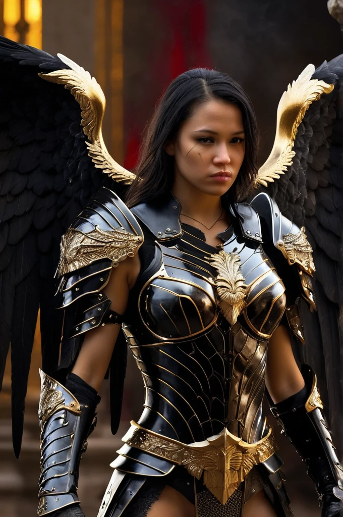 Cinematic scene, hyperdetailed picture of female warrior in black and gold armor with angel wings, horror christian cathedral, nighttime, detailed background, masterpiece, best quality, high quality, highres, absurdres, vivid,absurdres, vivid,
profile, science fiction, cyberpunk,
flmngprsn, (red background:1.4), perfecteyes, yellow eyes,