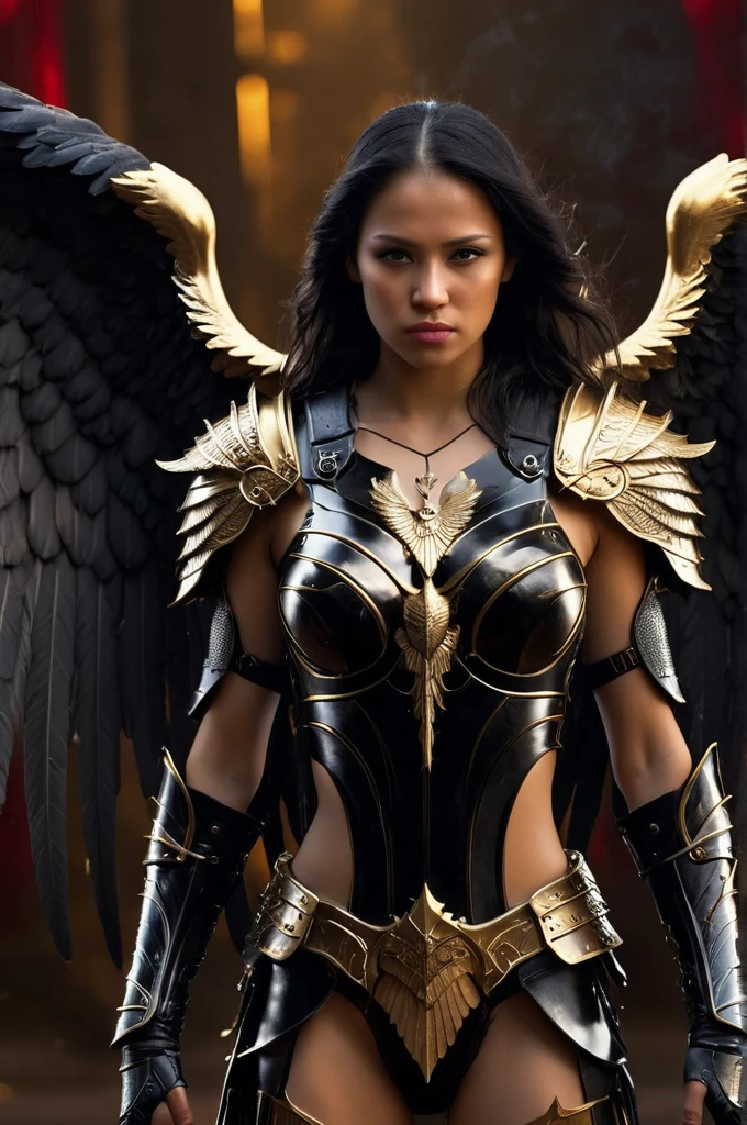 Cinematic scene, hyperdetailed picture of female warrior in black and gold armor with angel wings, horror christian cathedral, nighttime, detailed background, masterpiece, best quality, high quality, highres, absurdres, vivid,absurdres, vivid,
profile, science fiction, cyberpunk,
flmngprsn, (red background:1.4), perfecteyes, yellow eyes,