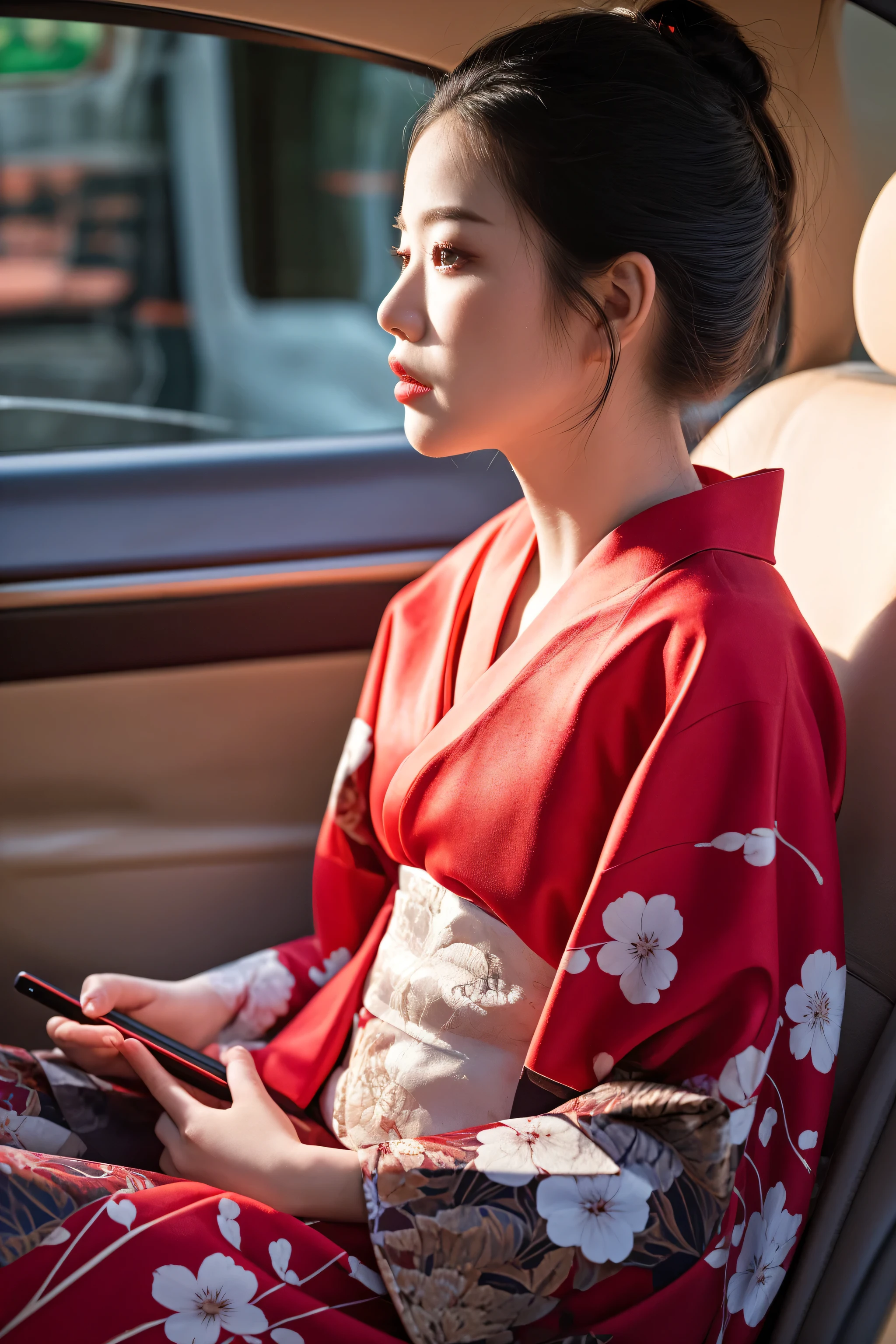 woman in red kimono sitting in car looking at cell phone, elegant japanese woman, wearing kimono, wearing a kimono, wearing a red cheongsam, wearing a haori, in kimono, wearing royal kimono, japanese kimono, japanese woman, red kimono, in a kimono, young asian woman, traditional geisha clothing, intricate geisha kimono, japanese geisha