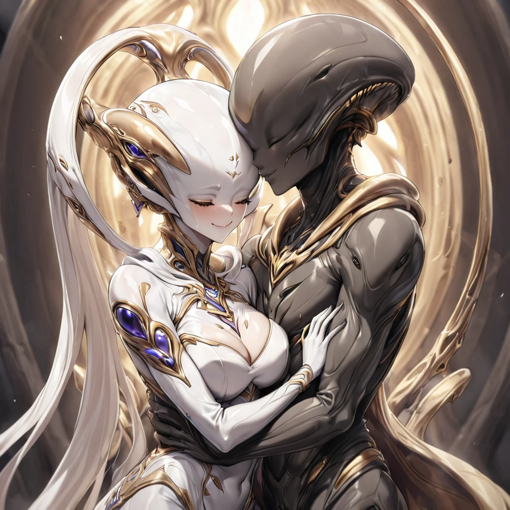 ((highest quality)), ((masterpiece)), (detailed), （Perfect Face）、（The woman is a beautiful alien named Princess Leona, with a completely alien body, long straight light brown hair, a slender figure, but normal breasts, and is wearing an alien suit with alien decorations.）、With a gentle smile, she holds a wedding ceremony with an alien, embraces him, and shares a deep kiss as a vow. They get married and become a genuine member of the alien race.、The strange alien and the woman are in the alien nest, married to the alien, snuggling up close and smiling, embracing each other and kissing in a vow.、The woman is wearing an alien suit, has alien decorations and is wearing an engagement ring.