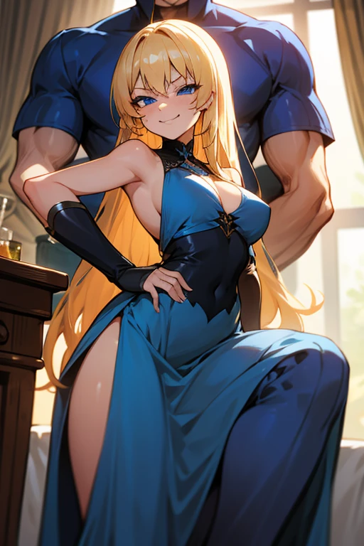 blonde hair, long hair, blue eyes,blue dress,side boob,smile, lusty eyes,smug look,sex, 