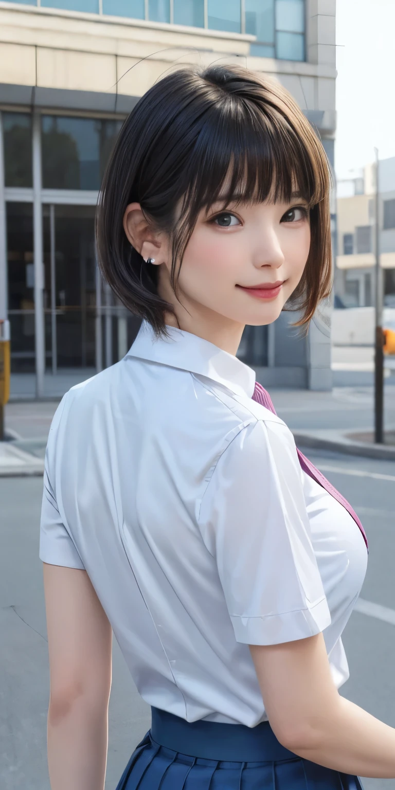 (masterpiece:1.3), (Realistic, RAW Photos, highest quality: 1.4), (One Girl), Beautiful Face, (超Realistic Face、シンメトリーのBeautiful Face), (Short black hair, short hair:1.6、bangs:1.3、Show off your beautiful ears), Beautiful Hairstyles, (Realistic eyes), Beautiful details, Long eyelashes, (Realistic Skin), Beautiful Skin, [Big Breasts:1.3], {Huge|big|Hugeな|Mega} chest, (Perfect body:1.3), (Detailed body:1.2), (tie), (Collared shirt, Pleated skirt:1.3), Absurd, charm, Ultra-high resolution, Ultra-realistic, Very detailed, Golden Ratio,Very cute beautiful woman、28 years old、Beautiful angle from behind、Background in front of the school building、smile、shut up.