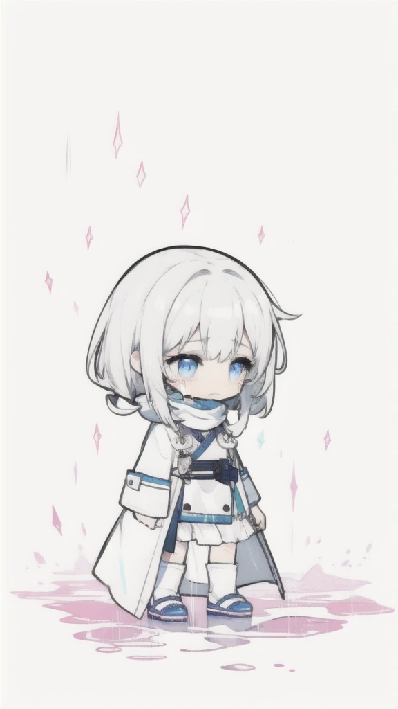 best quality, chibi, 1 girl, (full body), Pure white background,Vivid,clearly,sad face,rain,Cry