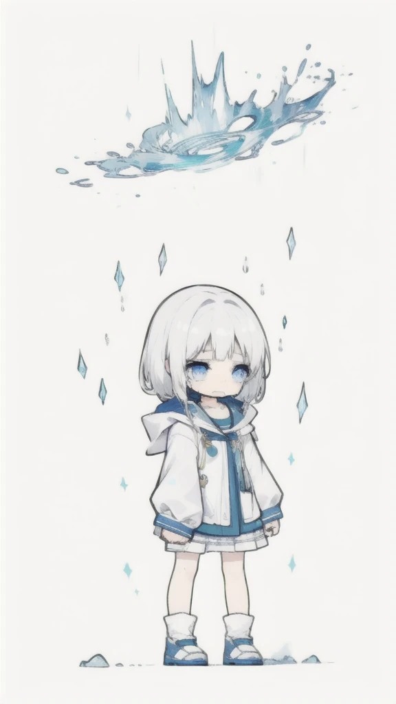 best quality, chibi, 1 girl, (full body), Pure white background,Vivid,clearly,sad face,rain,Cry