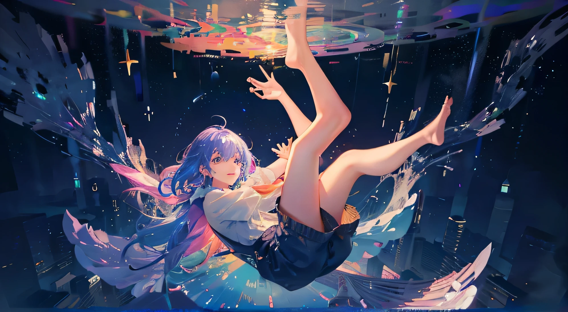 "Please draw a girl diving into a dream. She is floating in mid-air, heading towards a colorful and fantastical dream world. Surround her with stars, clouds, and rainbow-colored lights to create a magical atmosphere. The girl has a joyful expression on her face, with her arms and legs spread out lightly. In the background, show the transition from a real-world scene to the dream world, which is filled with fantasy elements. Emphasize an overall positive mood full of hope and a sense of adventure."