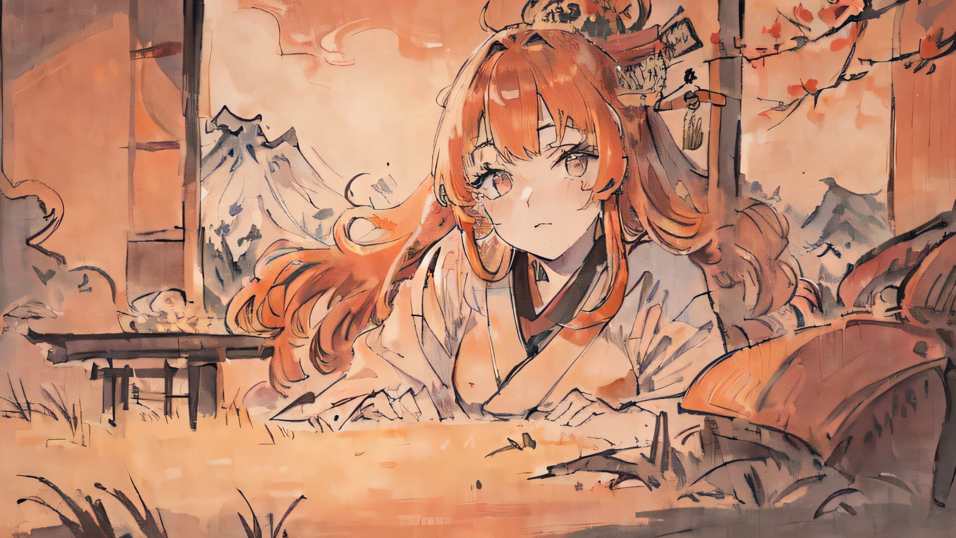 (((masterpiece,highest quality))),1 Female, Alone with orange hair,Long Hair,(Japanese style:1.4),princess,(Healing),night, Super detailed eyes,Super detailed field,((Close-up)),Beautiful scenery