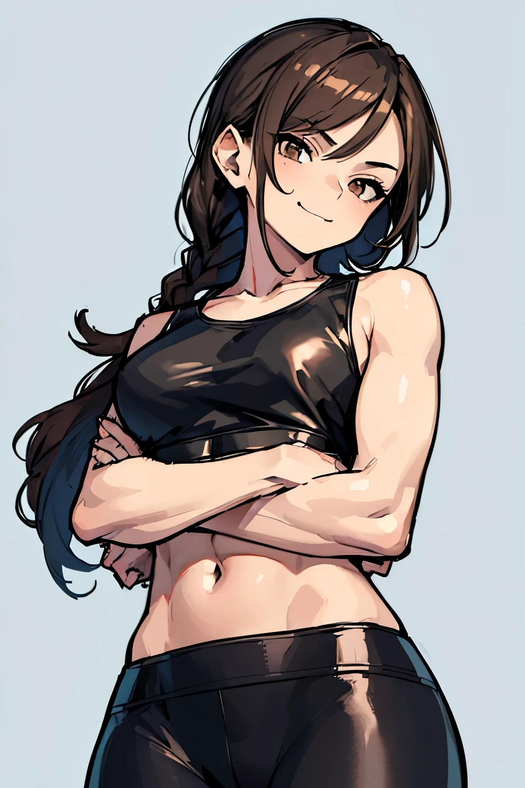 (((masterpiece))), (best quality)) 1girl, single character, female, teenager, arms crossed, looking down, looking at camera, (camera from below), smug, teasing, teasing smile, big breasts, dark brown eyes, small eyes, brown hair, long hair, loose braid, black leather jacket, crop top underneath, leggings, slightly muscular, muscle arms, sidewalk, blue sky