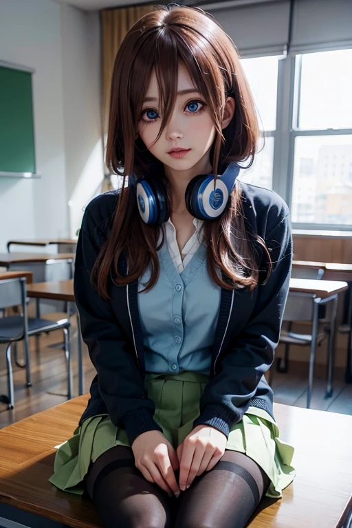 mikunakano, miku nakano, long hair, bangs, blue eyes, brown hair, shirt, hair between eyes, headphones, cardigan, headphones around neck,
BREAK skirt, shirt, long sleeves, white shirt, pantyhose, pleated skirt, black pantyhose, cardigan, green skirt, blue cardigan,
BREAK indoors, classroom,
BREAK looking at viewer, BREAK (masterpiece:1.2), best quality, high resolution, unity 8k wallpaper, (illustration:0.8), (beautiful detailed eyes:1.6), extremely detailed face, perfect lighting, extremely detailed CG, (perfect hands, perfect anatomy),
