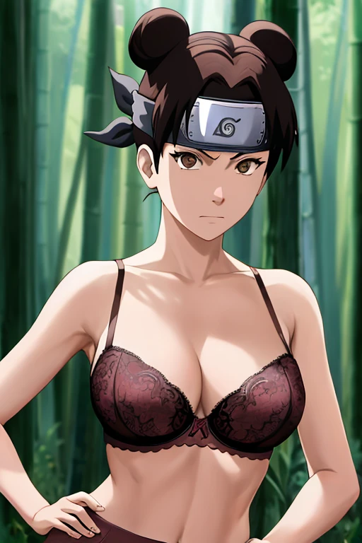 masterpiece, absurdres , (intricate details), (colorful),cinematic lighting,bust shot,extremely detailed CG unity 8k wallpaper,tenten\(shippuden\), 1girl, solo, miniskirt ,(lace bra), hand on hip,forehead protector, konohagakure symbol, headband, looking at viewer, outdoors, bamboo forest, frown, (large breasts), (skinny waist), ((sexy pose))